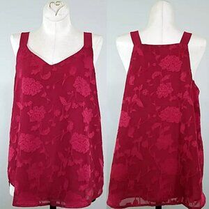 LOFT Petite NWT Red Floral Sleeveless Tunic Blouse MP Rose Applique Boho Career